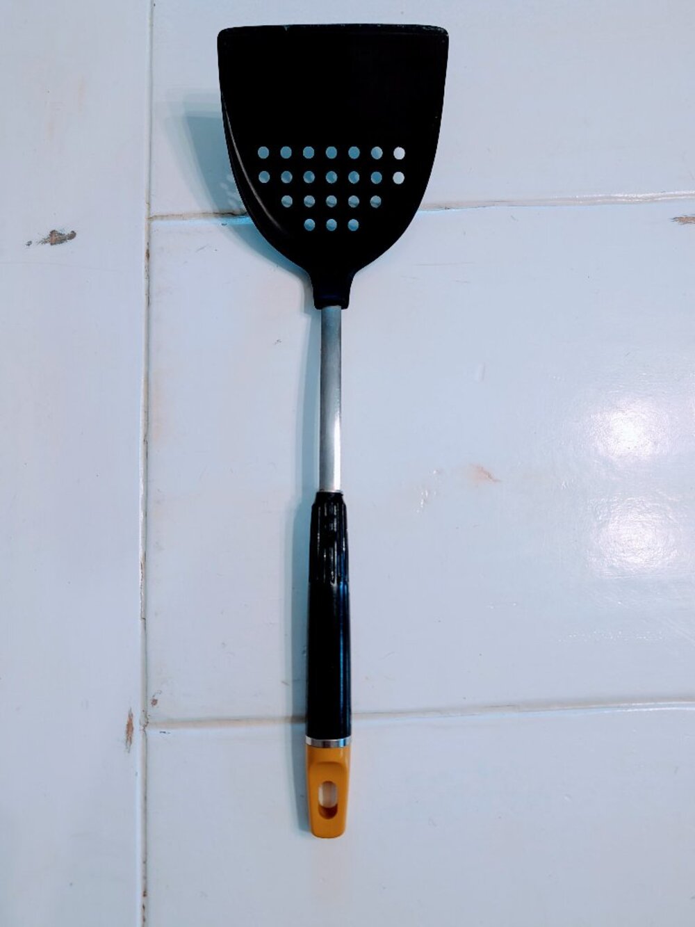 VTG Ekco Nylon Slotted Spatula Turner Black Yellow Handle Round Holes USA Rare
